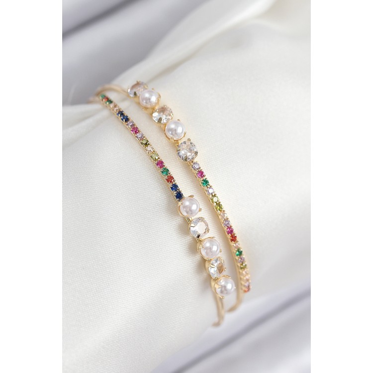 Gold-Colored Women's Bracelet with Pearl Design and Zircon Stones - TJ-BB7875 Gold-Colored Women's Bracelet with Pearl Design and Zircon Stones - TJ-BB7875