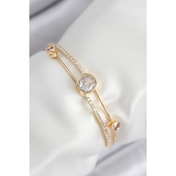 Gold-Colored Women's Bracelet with Zircon Stone Diamond Design - TJ-BB7879