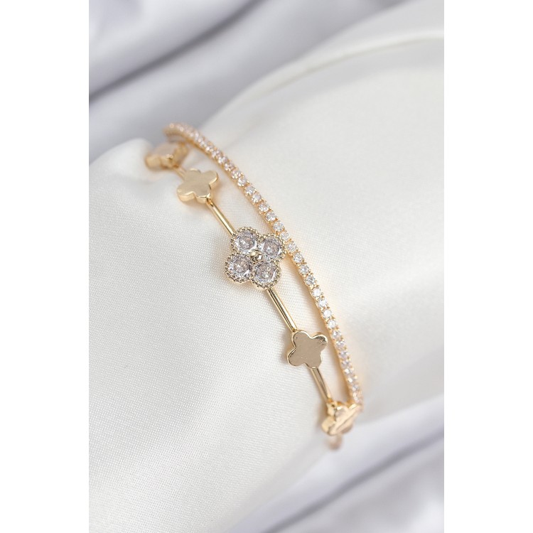 Gold-Colored Women's Bracelet with Zircon Stones in a Four-Leaf Clover Design - TJ-BB7885