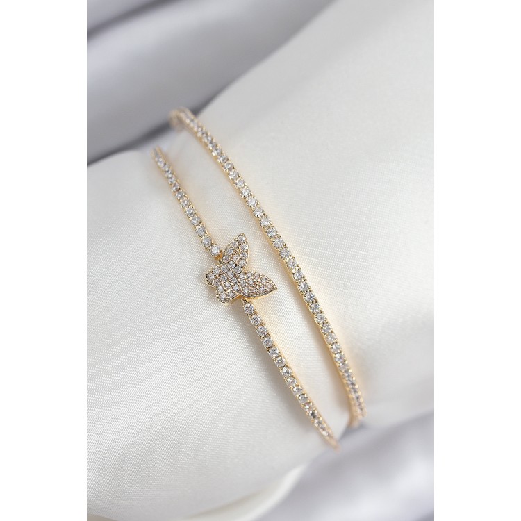 Gold-Colored Women's Bracelet with Zircon Stone Butterfly Design - TJ-BB7891