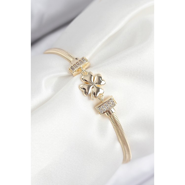 Gold-Colored Women's Bracelet with Zircon Stones in a Four-Leaf Clover Design - TJ-BB7897