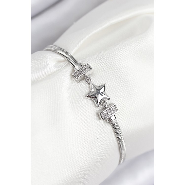Women's Silver-Colored Clover-Shaped Bracelet with Zircon Stones - TJ-BB7898