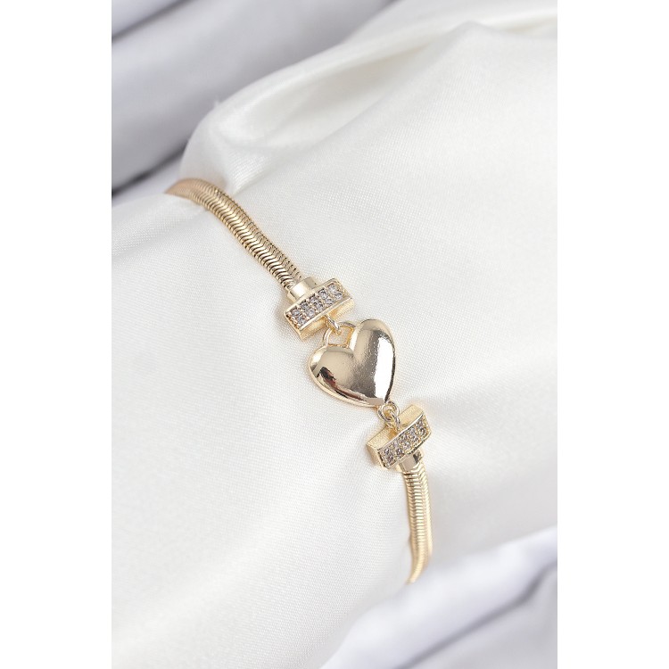 Gold-Colored Women's Bracelet with Zircon Stone Heart Design - TJ-BB7901