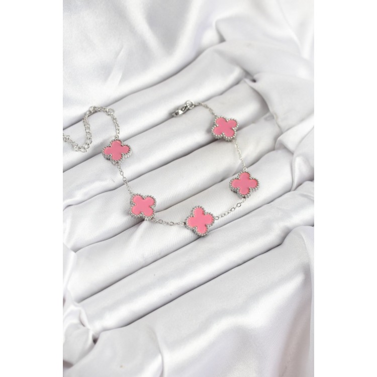316L Stainless Steel Silver Chain Pink Clover Bracelet - TJ-BB7909