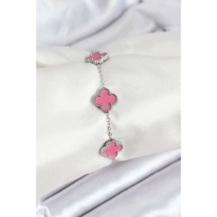 316L Stainless Steel Silver Chain Pink Clover Bracelet - TJ-BB7909 316L Stainless Steel Silver Chain Pink Clover Bracelet - TJ-BB7909