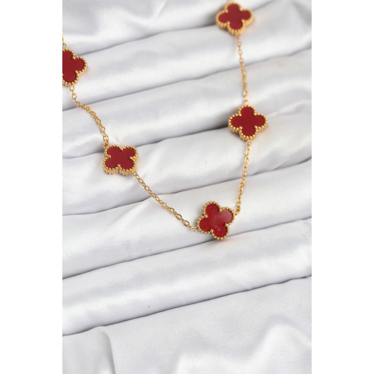 316L Steel Gold Color Chain Burgundy Clover Women's Necklace - TJ-BKO10565 316L Steel Gold Color Chain Burgundy Clover Women's Necklace - TJ-BKO10565