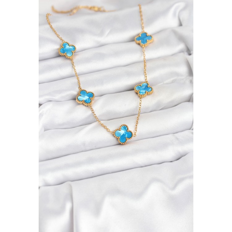 316L Stainless Steel Chain Gold Ice Blue Color Clover Necklace - TJ-BKO10566