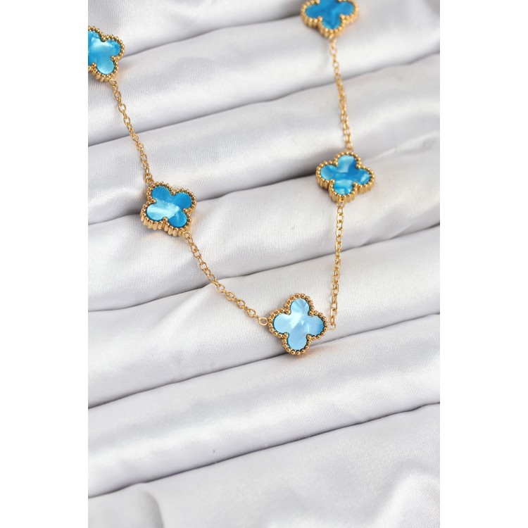 316L Stainless Steel Chain Gold Ice Blue Color Clover Necklace - TJ-BKO10566