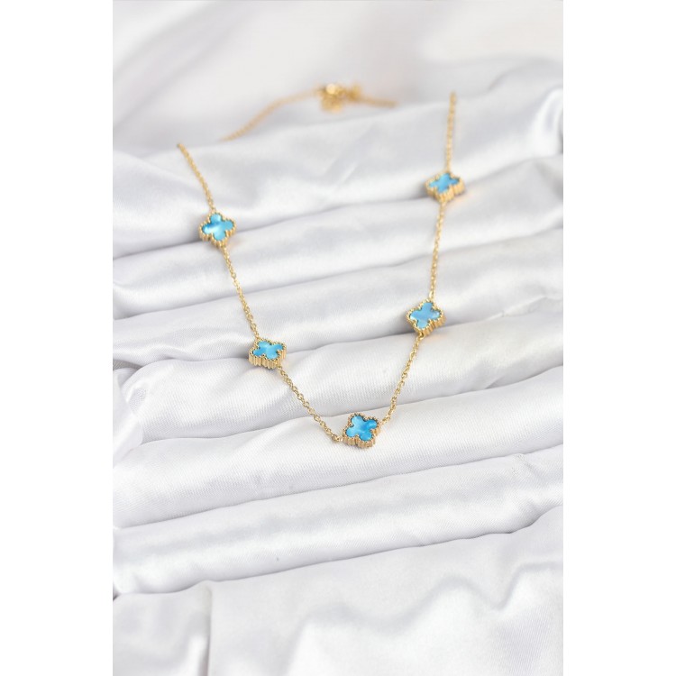 316L Çelik Zincir Gold Renk Buz Mavisi Baby Boy Yonca Kadın Kolye - TJ-BKO10571