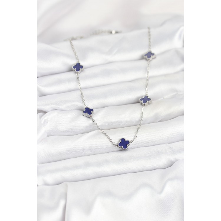 316L Çelik Zincir Gümüş Renk Lacivert Baby Boy Yonca Kadın Kolye - TJ-BKO10574
