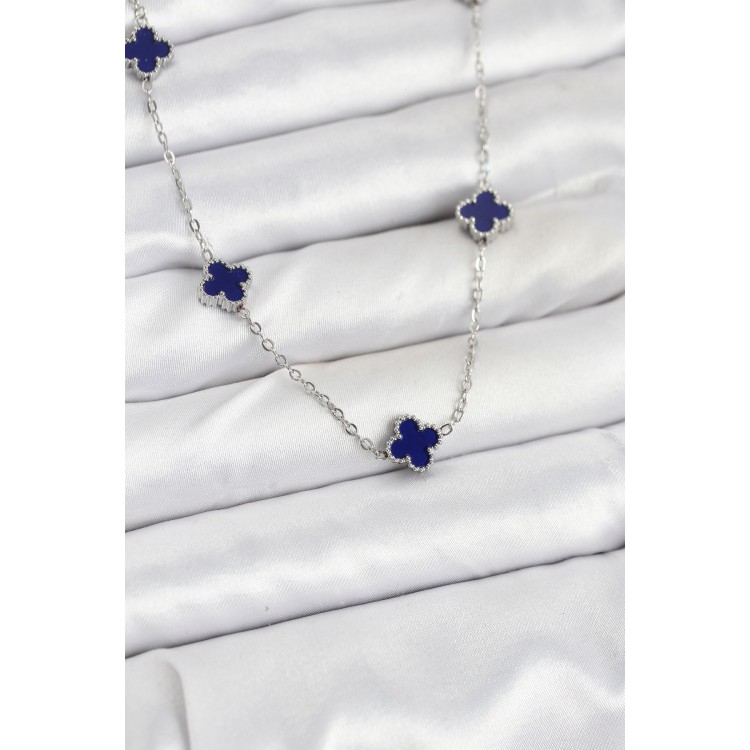 316L Çelik Zincir Gümüş Renk Lacivert Baby Boy Yonca Kadın Kolye - TJ-BKO10574