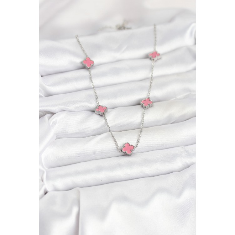 316L Çelik Zincir Gümüş Renk Pembe Baby Boy Yonca Kadın Kolye - TJ-BKO10575