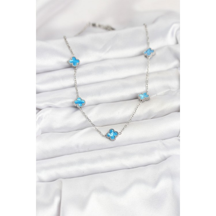 316L Çelik Zincir Gümüş Renk Buz Mavisi Baby Boy Yonca Kadın Kolye - TJ-BKO10576