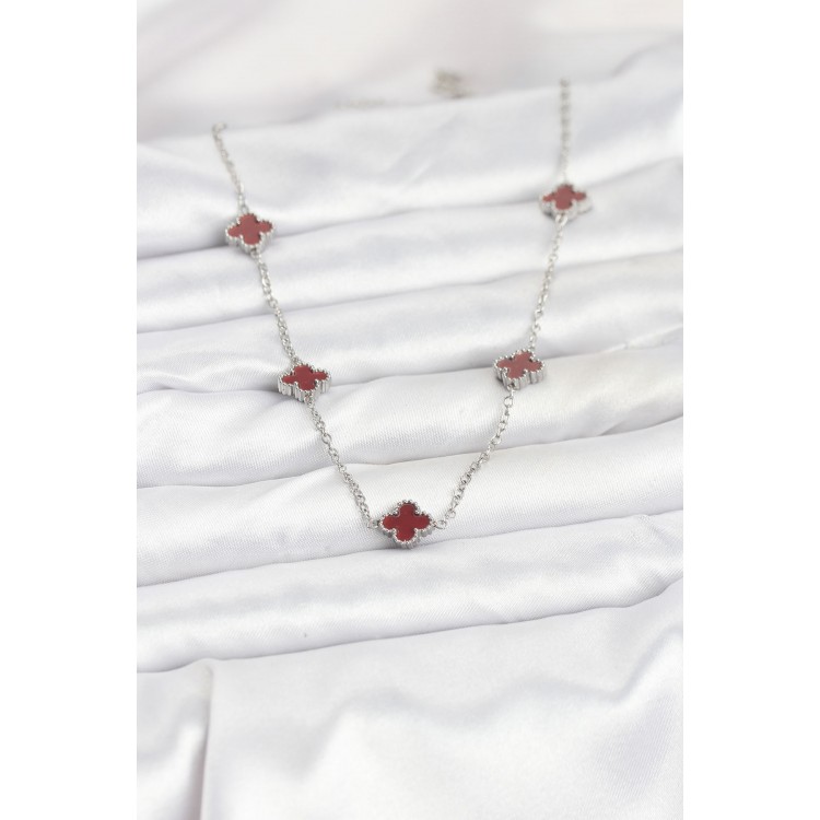 316L Çelik Zincir Gümüş Renk Bordo Baby Boy Yonca Kadın Kolye - TJ-BKO10577