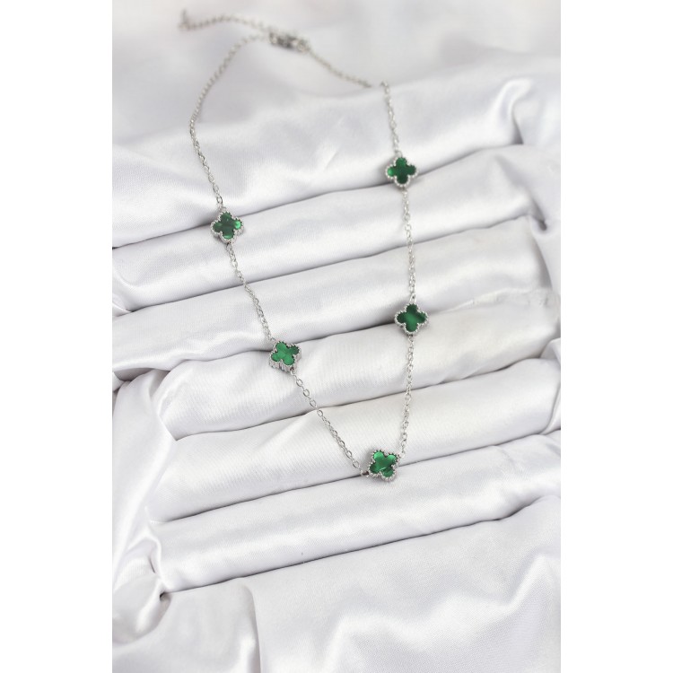 316L Çelik Zincir Gümüş Renk Yeşil Baby Boy Yonca Kadın Kolye - TJ-BKO10578