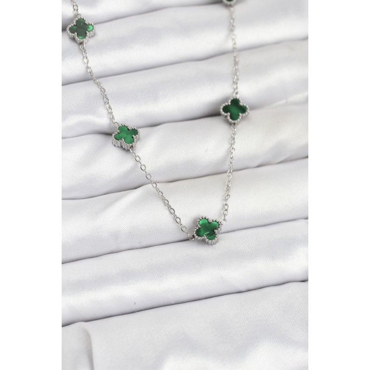 316L Çelik Zincir Gümüş Renk Yeşil Baby Boy Yonca Kadın Kolye - TJ-BKO10578