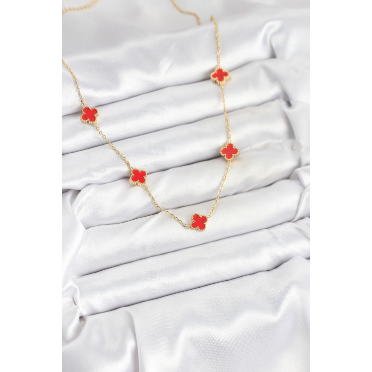 316L Çelik Zincir Gold Renk Kırmızı Baby Boy Yonca Kadın Kolye - TJ-BKO10580