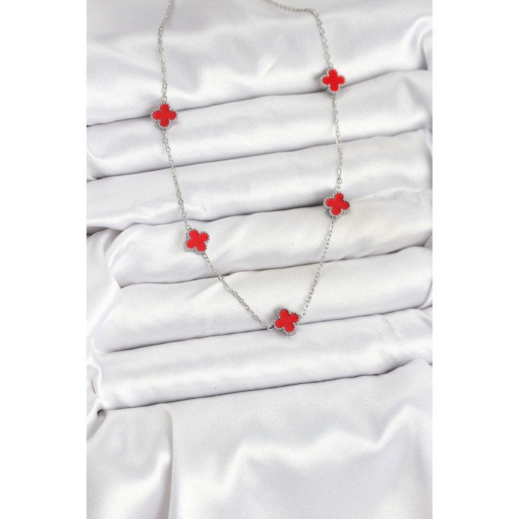 316L Çelik Zincir Gümüş Renk Kırmızı Baby Boy Yonca Kadın Kolye - TJ-BKO10581