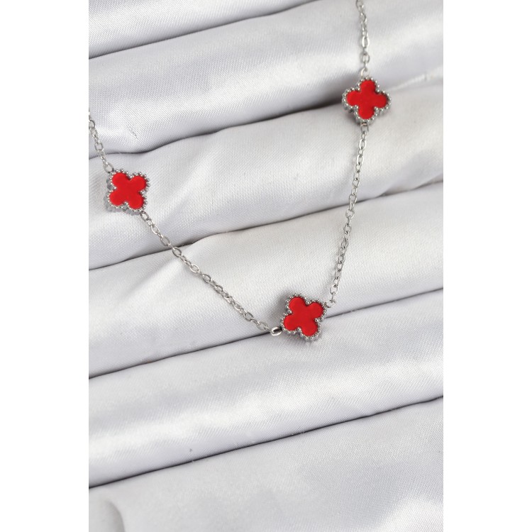 316L Çelik Zincir Gümüş Renk Kırmızı Baby Boy Yonca Kadın Kolye - TJ-BKO10581