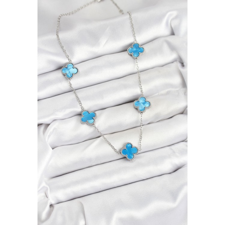 316L Çelik Zincir Gümüş Buz Mavisi Renk Yonca Kadın Kolye - TJ-BKO10582