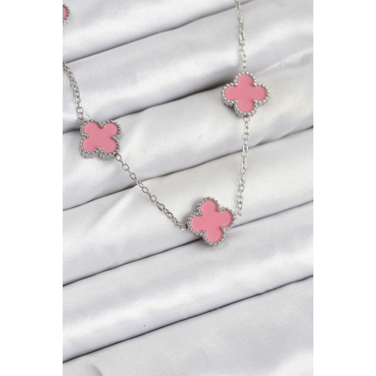 316L Çelik Zincir Gümüş Pembe Renk Yonca Kadın Kolye - TJ-BKO10584