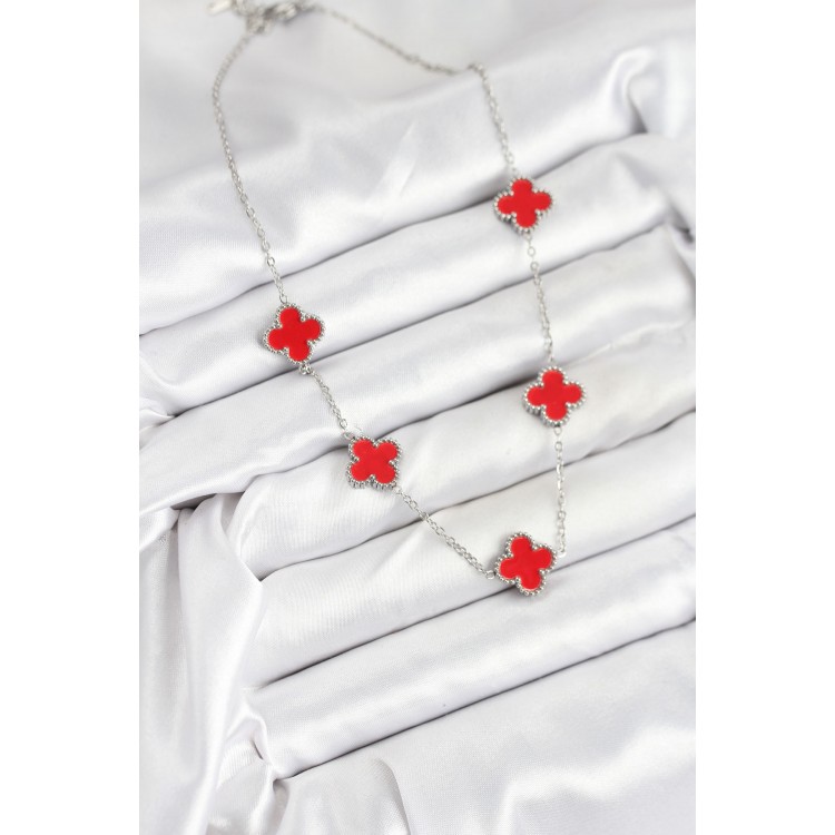 316L Çelik Zincir Gümüş Kırmızı Renk Yonca Kadın Kolye - TJ-BKO10586