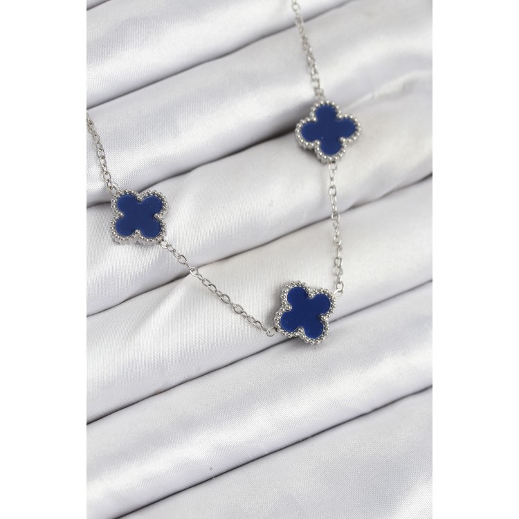 316L Çelik Zincir Gümüş Lacivert Renk Yonca Kadın Kolye - TJ-BKO10587