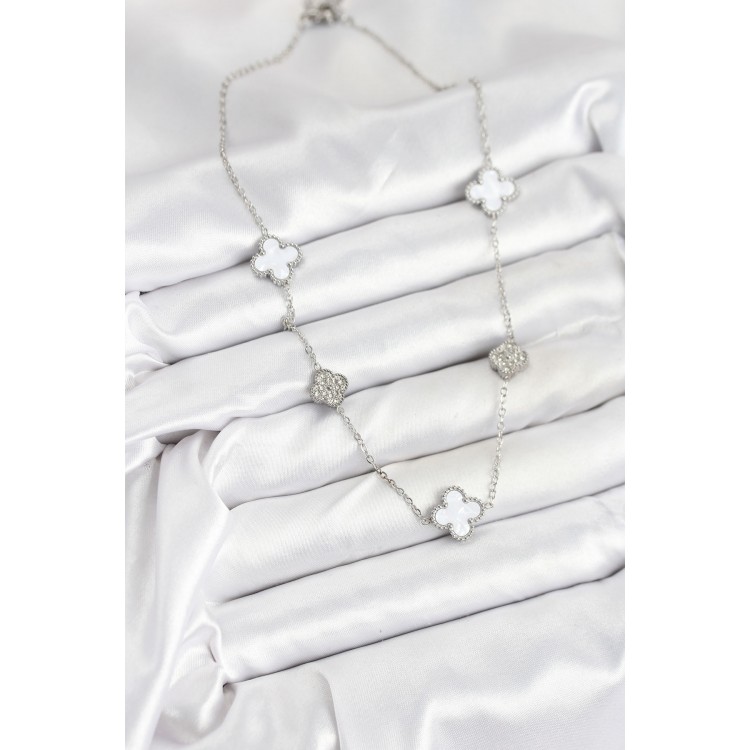 316L Çelik Zincir Gümüş Renk Beyaz ve Zirkon Taşlı Yonca Kadın Kolye - TJ-BKO10588