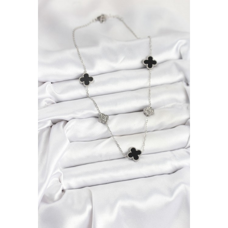 316L Çelik Zincir Gümüş Renk Siyah ve Zirkon Taşlı Yonca Kadın Kolye - TJ-BKO10589