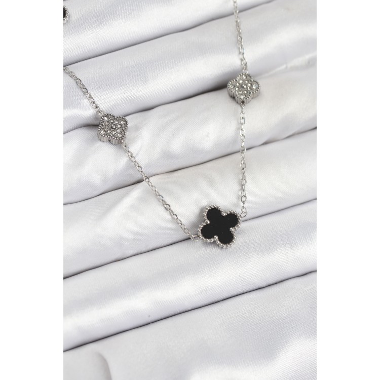 316L Çelik Zincir Gümüş Renk Siyah ve Zirkon Taşlı Yonca Kadın Kolye - TJ-BKO10589