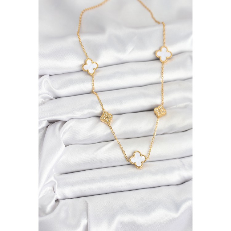 316L Çelik Zincir Gold Renk Beyaz ve Zirkon Taşlı Yonca Kadın Kolye - TJ-BKO10590