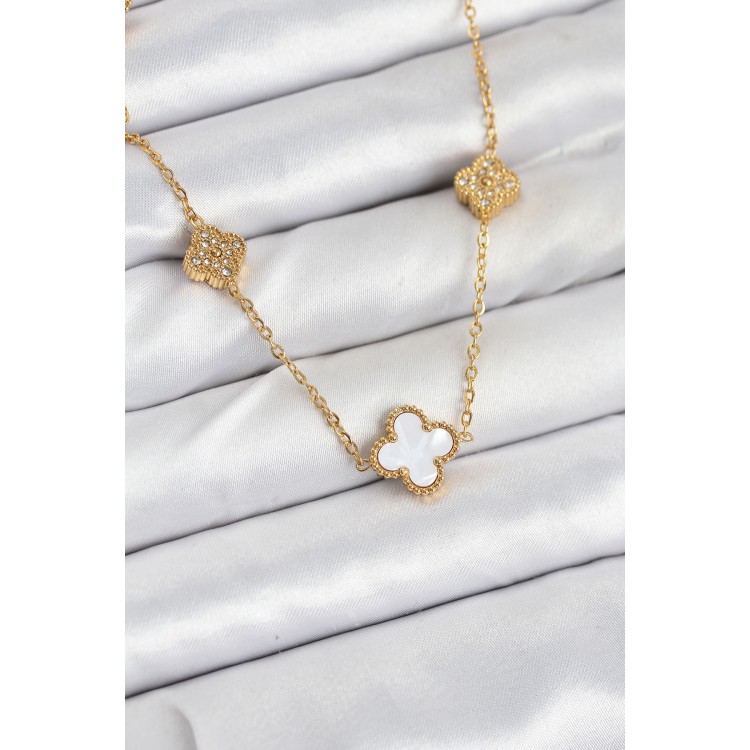 316L Çelik Zincir Gold Renk Beyaz ve Zirkon Taşlı Yonca Kadın Kolye - TJ-BKO10590 316L Çelik Zincir Gold Renk Beyaz ve Zirkon Taşlı Yonca Kadın Kolye - TJ-BKO10590