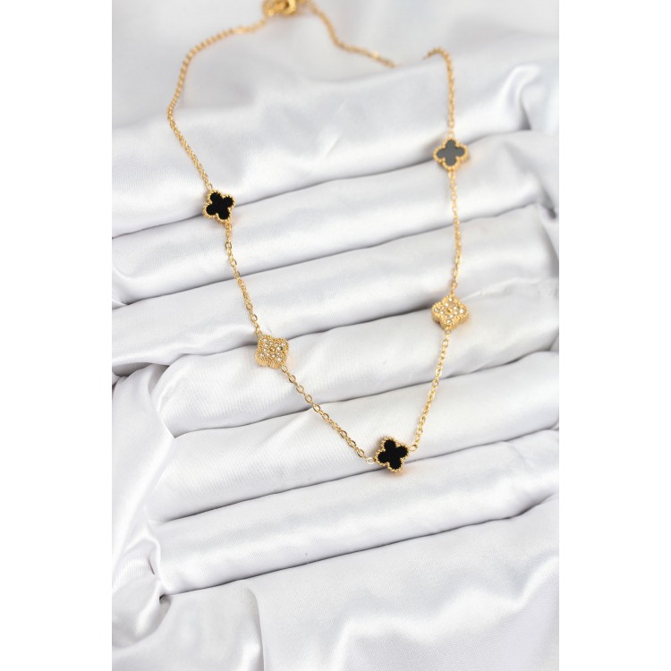 316L Çelik Zincir Gold Renk Siyah ve Zirkon Taşlı Baby Boy Yonca Kadın Kolye - TJ-BKO10592