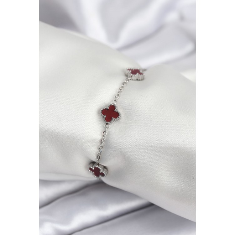 316L Çelik Gümüş Renk Bordo Baby Boy Yonca Kadın Bileklik - TJ-BB7951