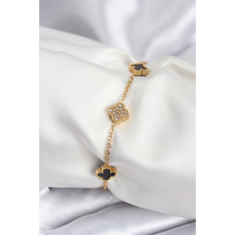 316L Çelik Gold Renk Siyah ve Zirkon Taşlı Baby Boy Yonca Kadın Bileklik - TJ-BB7953 316L Çelik Gold Renk Siyah ve Zirkon Taşlı Baby Boy Yonca Kadın Bileklik - TJ-BB7953