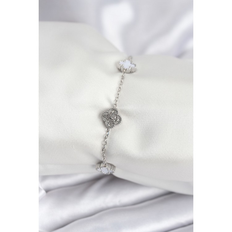 316L Çelik Gümüş Renk Beyaz ve Zirkon Taşlı Baby Boy Yonca Kadın Bileklik - TJ-BB7956