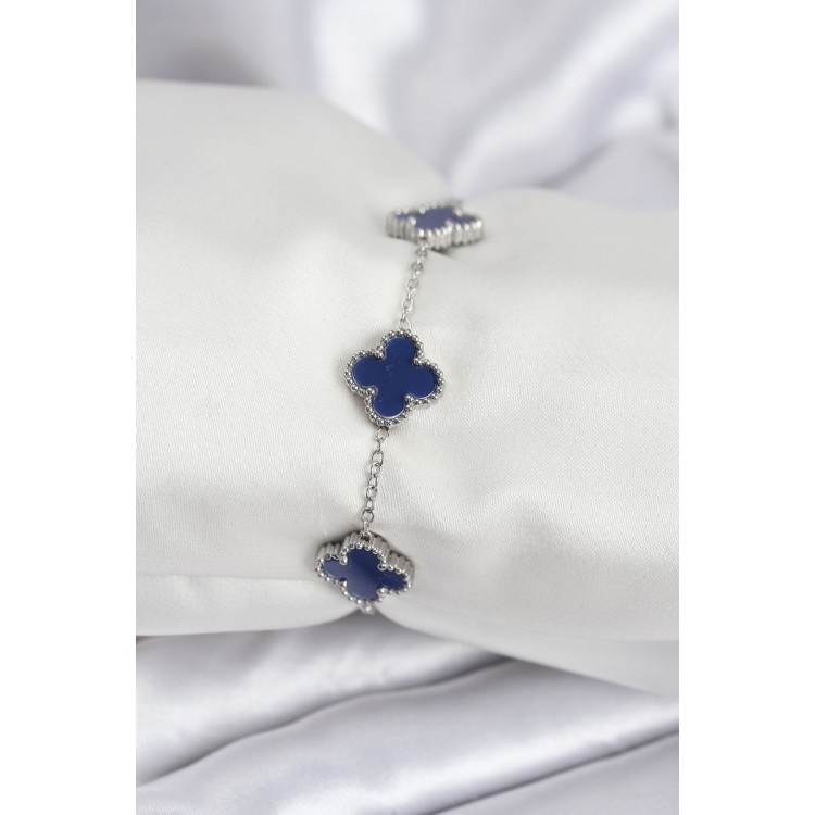 316L Çelik Zincir Gümüş Renk Lacivert Yonca Kadın Bileklik - TJ-BB7958