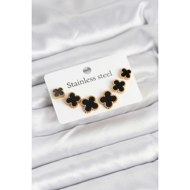 316L Çelik Gold Siyah Renk 3 Boy Yonca Küpe Seti - TJ-BKP11235 316L Çelik Gold Siyah Renk 3 Boy Yonca Küpe Seti - TJ-BKP11235