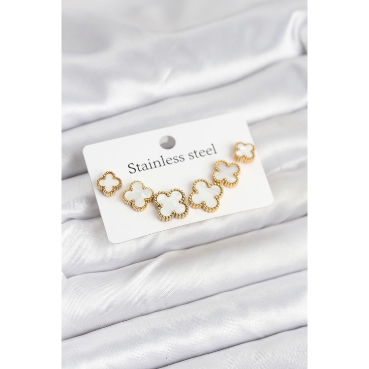 316L Çelik Gold Beyaz Renk 3 Boy Yonca Küpe Seti - TJ-BKP11237