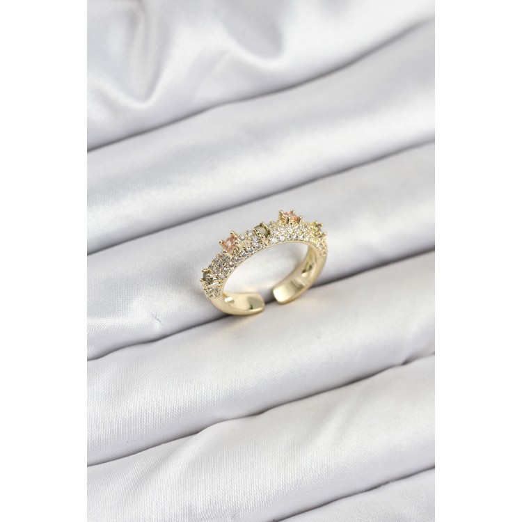 Pirinç Gold Renk Zirkon Taşlı Vintage Kadın Yüzük - TJ-BYK3832