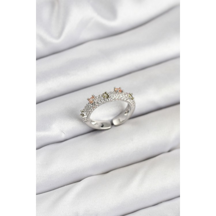 Pirinç Gümüş Renk Zirkon Taşlı Vintage Kadın Yüzük - TJ-BYK3833