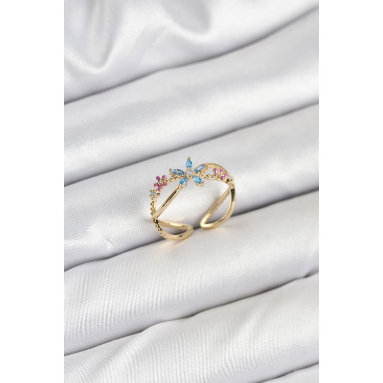 Pirinç Gold Renk Zirkon Taşlı Mavi Çiçekli Kadın Yüzük - TJ-BYK3834