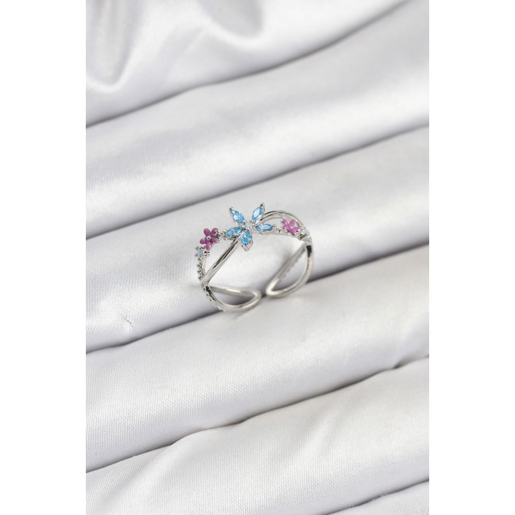 Brass Silver Zircon Stone Blue Floral Women's Ring - TJ-BYK3835