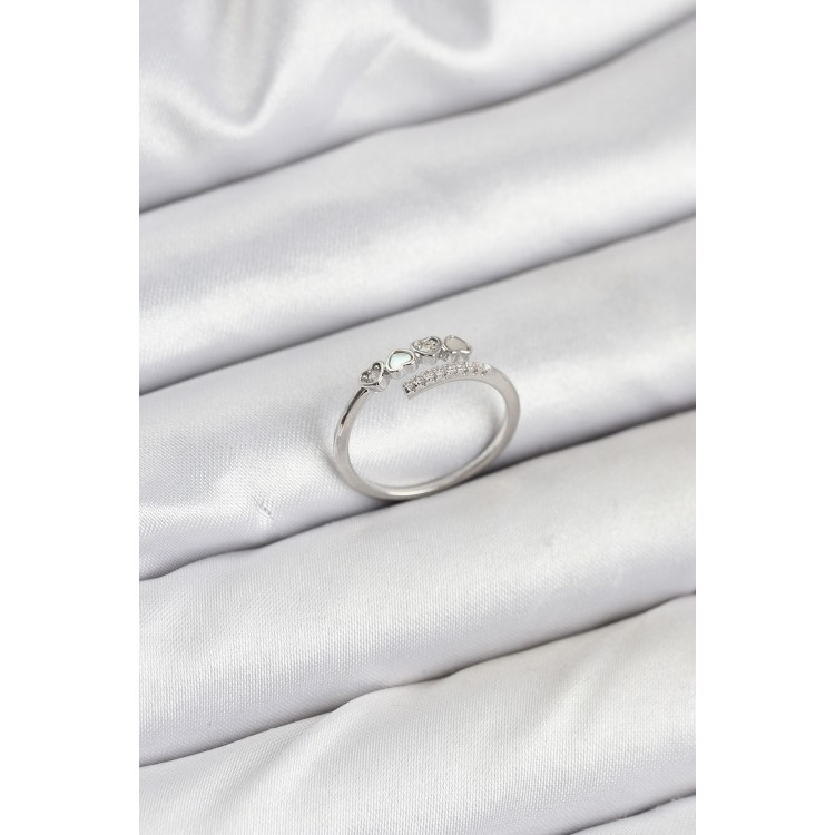 Brass Silver Heart Detailed Zircon Stone Women's Ring - TJ-BYK3841