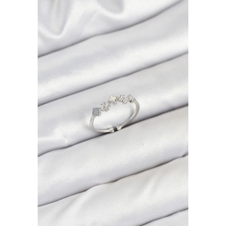 Brass Silver Color Minimal Clover Detailed Women's Ring - TJ-BYK3843