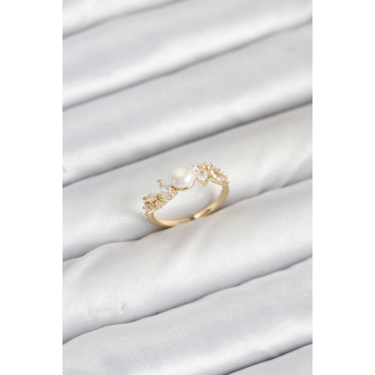 Brass Gold Zircon Stone Pearl Model Women's Ring - TJ-BYK3852 Brass Gold Zircon Stone Pearl Model Women's Ring - TJ-BYK3852