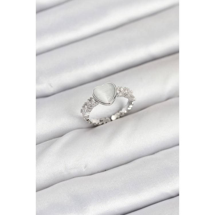 Brass Silver Zircon Stone Heart Women's Ring - TJ-BYK3857