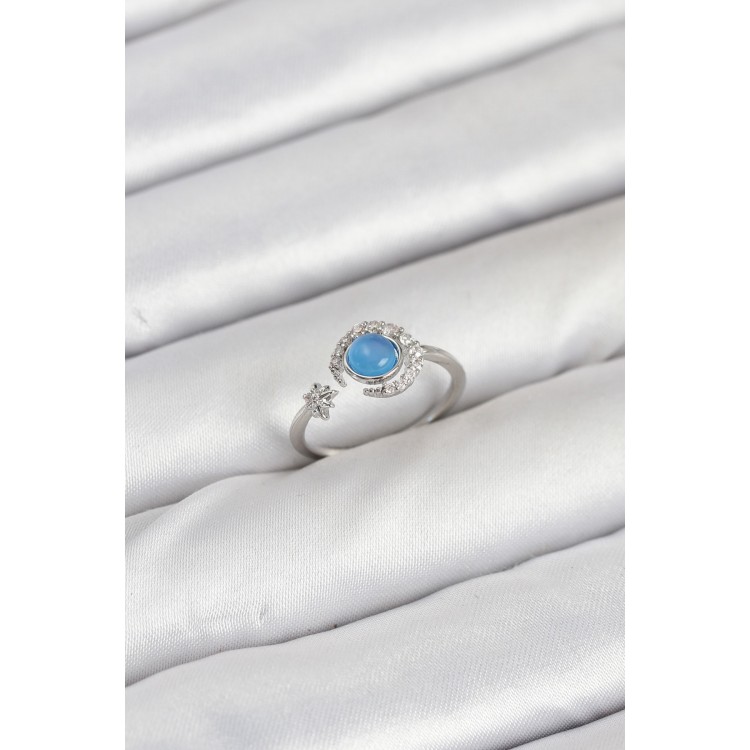 Brass Silver Zircon Stone Crescent Star Women's Ring - TJ-BYK3861