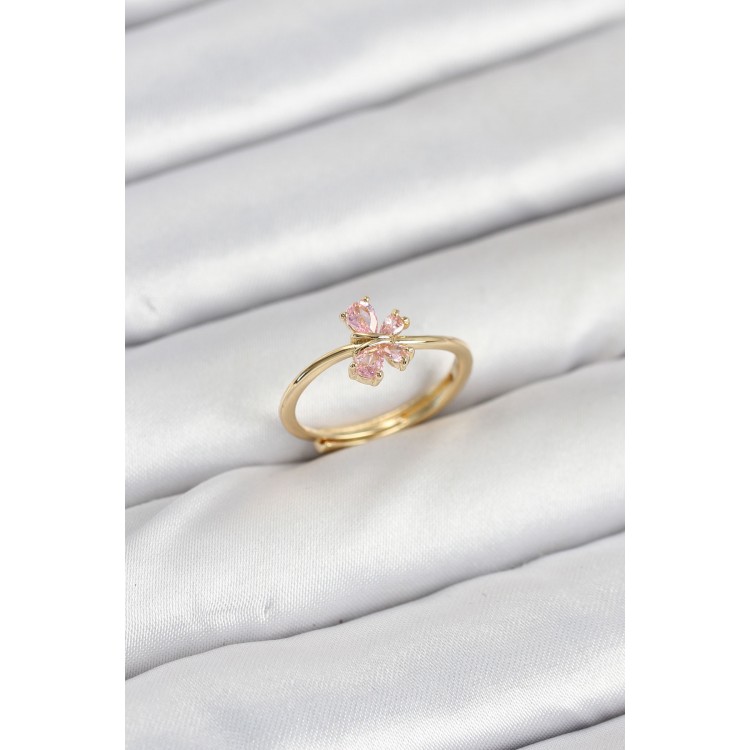 Brass Gold Color Pink Butterfly Women's Ring - TJ-BYK3870
