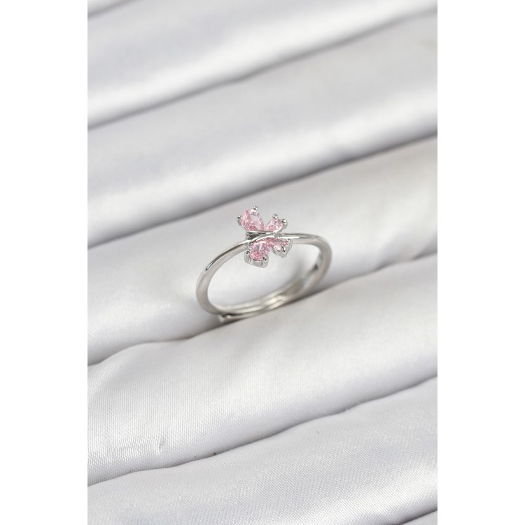 Brass Silver Color Pink Butterfly Women's Ring - TJ-BYK3871
